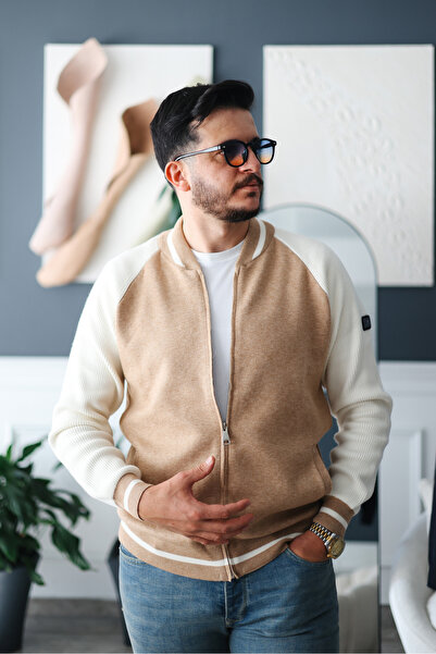 Avni Ceylan Men's Beige Cream Color Block Zippered Casual Cardigan