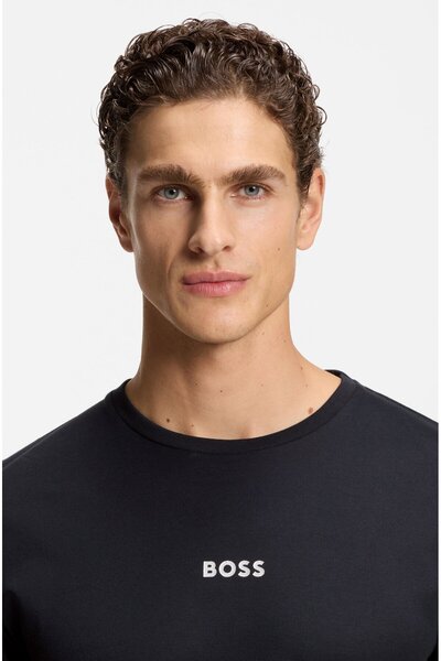 BOSS Men's Regular Fit Logo Printed Elastic Waist 100% Cotton Navy Blue Pajama Set 50550547-402