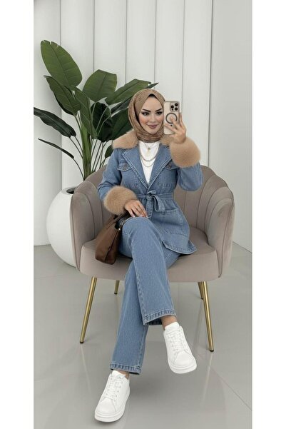Hb Harma Time Butik Women's Belted Fur Detailed Pocketed Double Open Denim Blue Suit