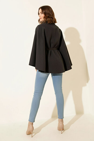 Kirazgym Women's Belted Shirt Collar Cashmere Poncho