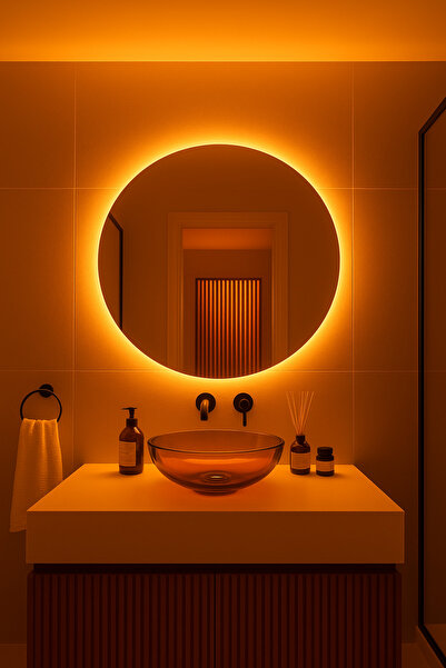 Digital Yuvarlak Işıklı Banyo Ayna (50-80cm). Renk Seçeneği: Koyu Sarı (Amber)