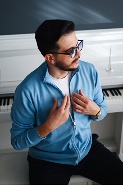 Avni Ceylan Men's Sky Blue Casual Zippered Cardigan