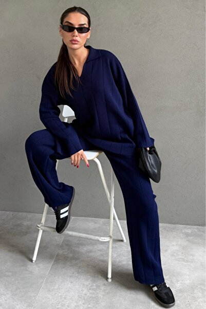 Madmext Navy Blue Relaxed Fit Stitching Detail Women's Knitwear Set Mg2584