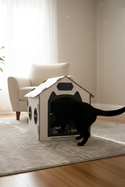 GOBYPET Ahşap Özel İsim Baskılı Dekoratif Kedi Evi-Kulübesi, Kediler İçin Kul...