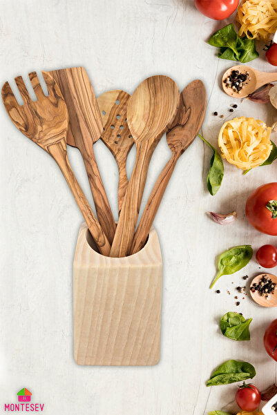 MONTESEV Doğal Diş Budak Ağacı Standlı Ahşap Zeytin Ağacı Kaşık Seti Yemek Ka...