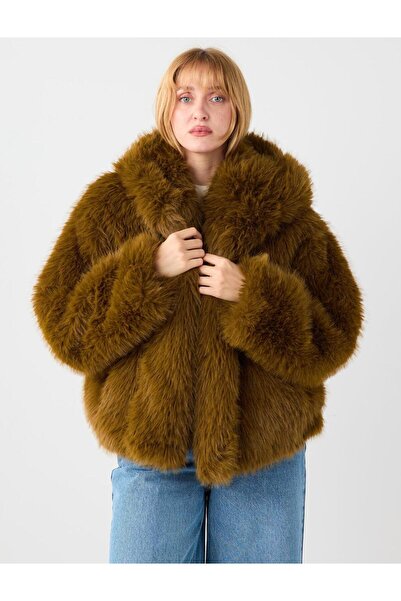 Jimmy Key Kahverengi Düz Kesim Kapşonlu Kürk Ceket