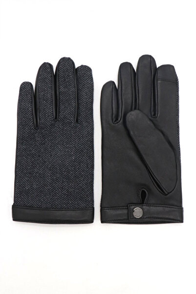 BOSS Men's Textile and Leather Mixed Metallic Shiny Button Black Gloves 50548843-001