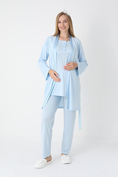 ERDENİZ TEKSTİL Lace Robe Maternity-Pregnant Pajama Set 3-Piece Set