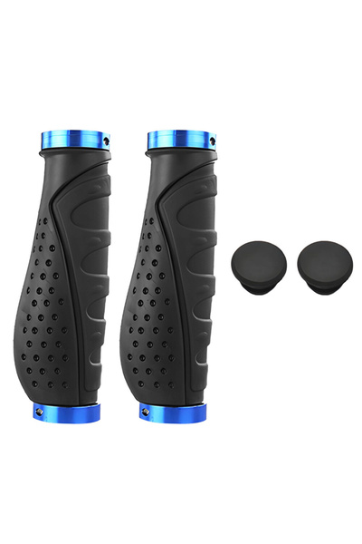 zola Set 2 mansoane ergonomice cauciuc cu inel aluminiu,diametru 22.2 mm,13.5 cm,capac PVC,negru/albastru