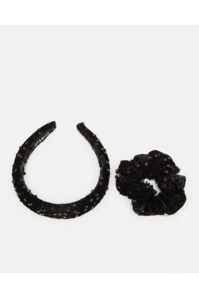 REDTAG مجموعة عصابة رأس وربطة شعر نسائية سوداء (قطعتان)