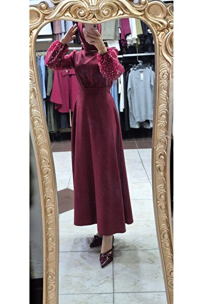 Mintaş Evening Dress with Tulle Sleeves and Pearl Detailing