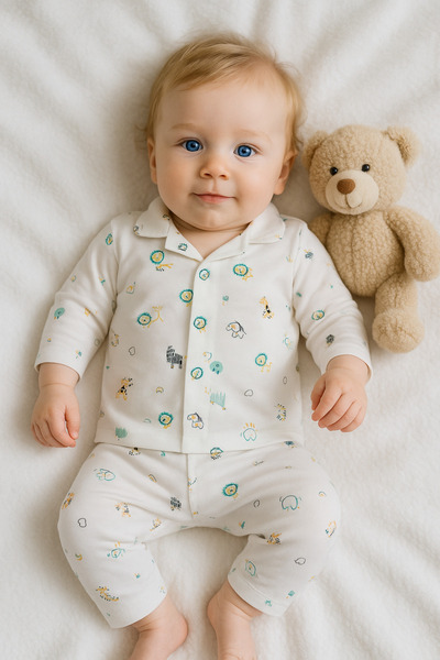 Baharda Nova %100 Pamuk Uzun Kollu Düğmeli Mevsimlik Kız Erkek Unisex Bebek Çocuk Pijaması