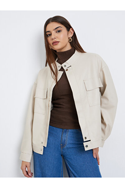 Styli Off White Regular Fit Faux Leather Bomber Jacket