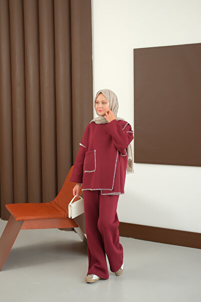 LOCCO Women's Stitching Detail Pocket Suit Burgundy