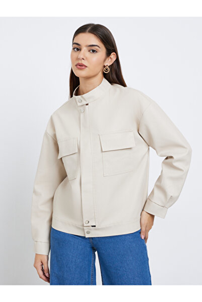 Styli Off White Regular Fit Faux Leather Bomber Jacket