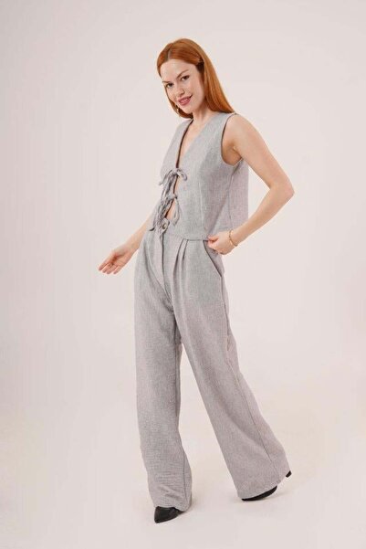 Adora Moda Предна връзка, детайлна жилетка и панталони, сив комплект