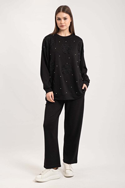 Hatun Atila Tulle Flower and Pearl Detailed Modal Fabric Double Suit 7914 - Black