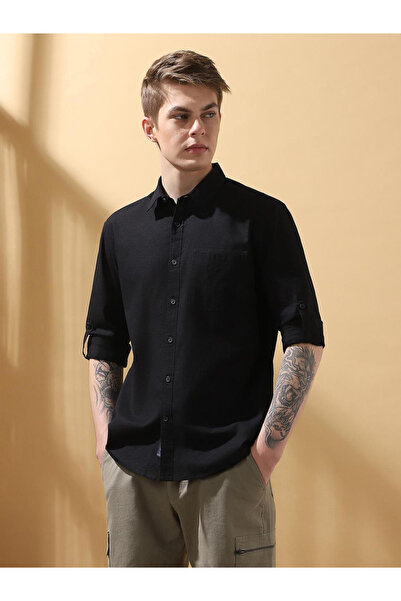 Dennis Lingo By Styli Men Solid Roll-Up Sleeves Cotton Shirt