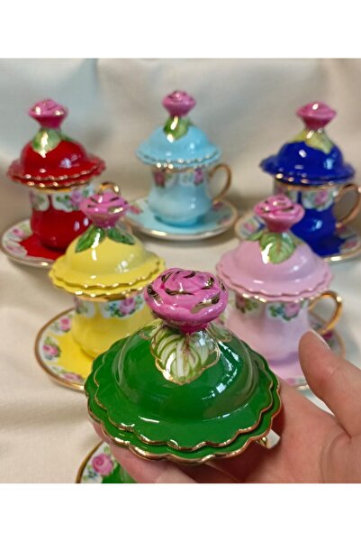 BY.RAYKA PORSELEN El Dekor Saray Porselen El Boyama Coffee Cup Set and Turkish Delight Container Set with Lid