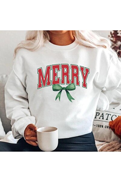 OEM White 100% Cotton Sweatshirt 'Merry' with Green Bow