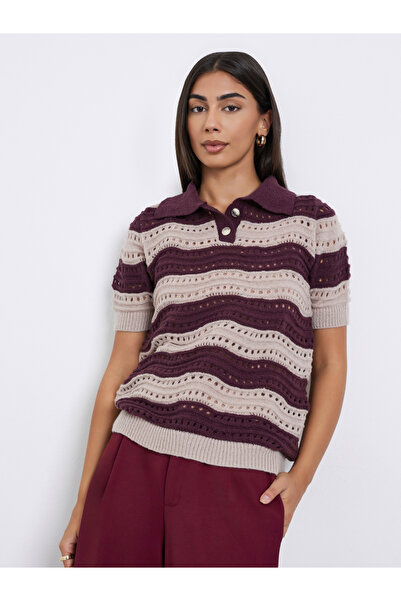 Styli Burgundy Striped Hollow Knit Polo T-Shirt