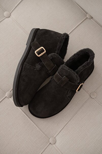 selin shoes Velmora Hakiki Deri İçi Kürklü Ayarlanabilir Toka Detaylı Kadın Bot- SİYAH SÜET