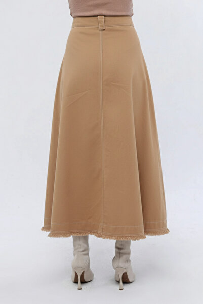 Atölye Güven Beige Tasseled 100% Cotton Special Design Long Bell Skirt