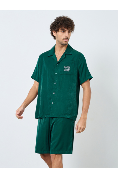 Styli Men Green Pocket Embroidery Detail Shirt and Shorts Set