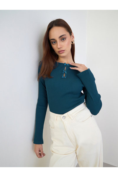 Styli Teal Slim Fit Bow Detail Knit Top
