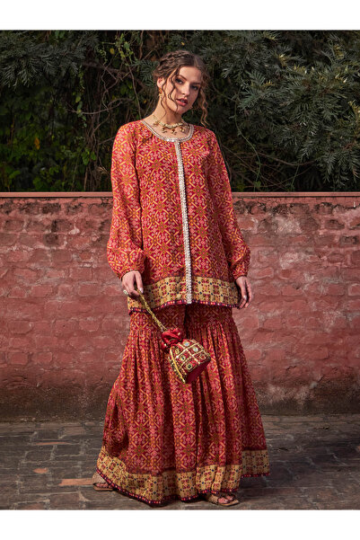 Sassafras By Styli Maroon Floral Front Placket Top with Sharara Pants Set