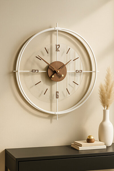 Wallover Design Büyük Boy Jumbo Sessiz Duvar Saati, Beyaz/Ceviz Detaylı Sessi...