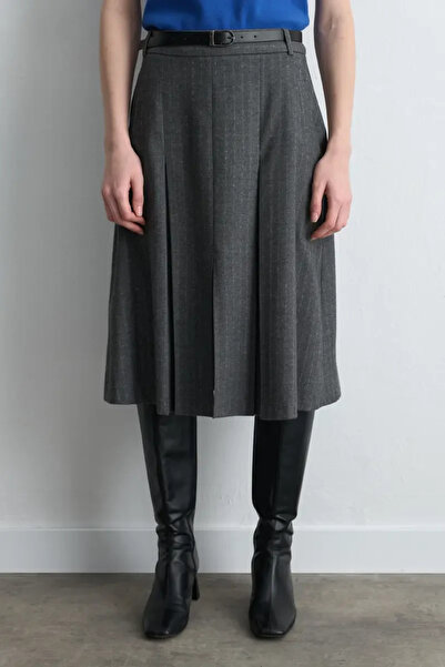 Gusto Pilikaşeli Kaşe Long Belted Skirt - Gray