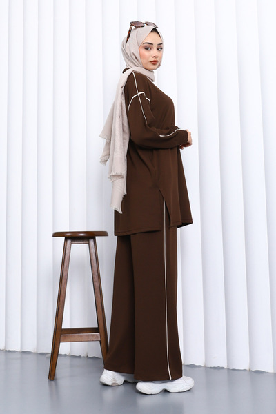 İmajButik Brown Piped Modal Suit with Tunic Trousers
