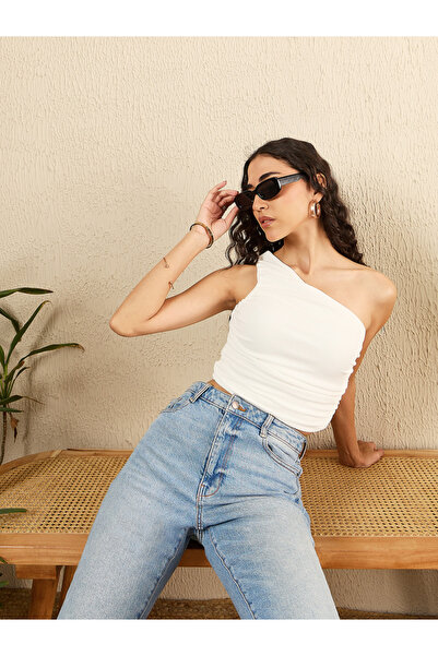 Uptownie By Styli White One Shoulder Gathered Crop Top