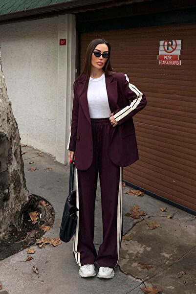 Ortaya Çık Burgundy Striped Detail Sporty Stylish Women's Suit