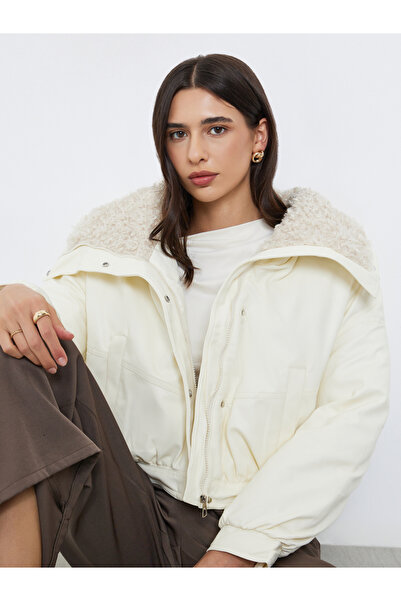 Styli Off White Regular Fit Bomber Jacket with Faux Fur Lining