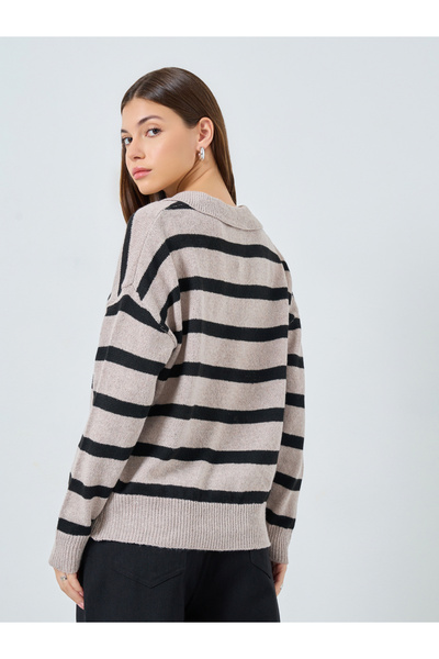 Styli Beige Striped Knit Polo T-Shirt