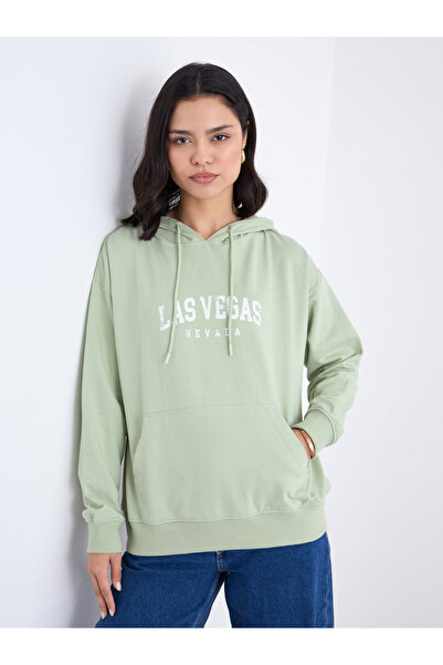 Styli Green Slogan Print Regular Fit Hoodie