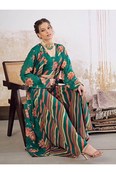 Uptownie By Styli Floral Crop Top with Palazzo Pants and Shrug Set