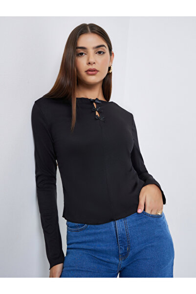 Styli Black Bow Embellished Textured T-Shirt