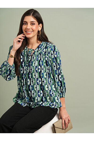 Globus By Styli Women Green Abstract Print Tie Up Neck Top