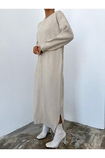 LONCA Beige knitted midi dress, loose fit with long sleeves and side slit – e...