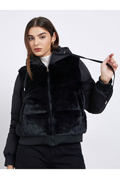 Styli Women Black Regular Fit Regular Length Faux Fur Padded Jacket
