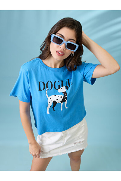 Globus By Styli Blue Graphic Print Oversized Crop T-Shirt
