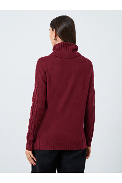 Styli Burgundy Cable Knit Roll Neck Sweater