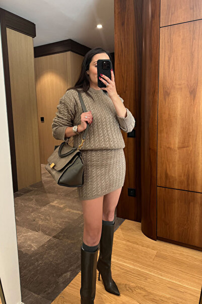 MAGARDE Crew Neck Hair Braided Knitwear Skirt Set - Camel