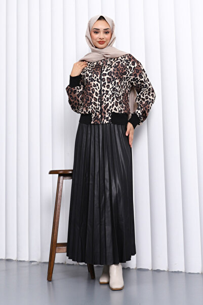 İmajButik Black Leopard Patterned Jacket Skirt Suit