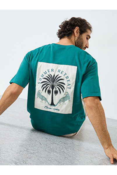 Styli Men Teal Patch Graphic Oversized T-Shirt