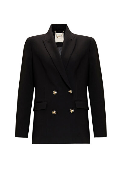 Exquise Double-Breasted Woven Blazer Jacket with Gold Button Detail