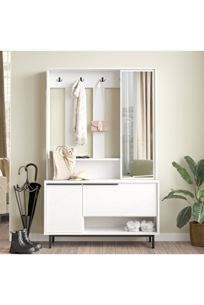 Robin Home Lidya Portmanto Vestiyer Ayakkabılık Aynalı Metal Ayaklı Beyaz